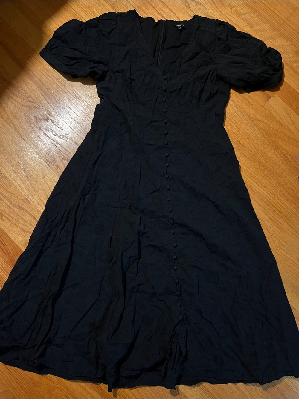 Madewell Black Midi Dress with Button Front and Puff Sleeves